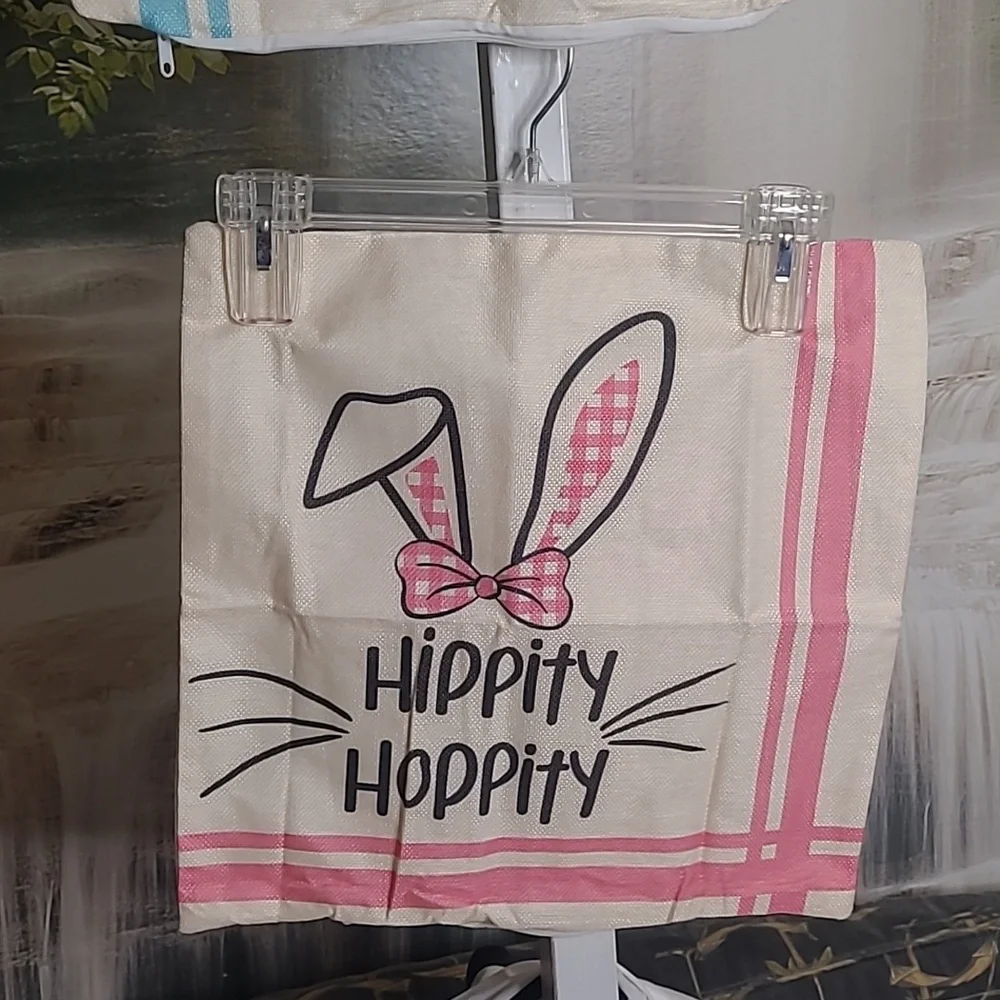 New! Set of 2 Pink Blue Striped Easter Bunny Decorative Soft Burlap Pillow Cover